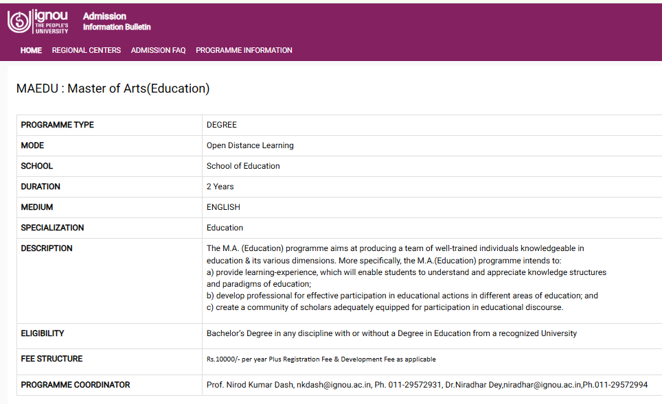 Table 1.1 IGNOU MED Admission Highlight